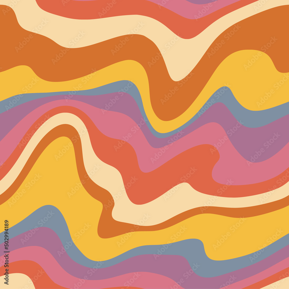 Groovy retro seamless pattern. Disco wavy rainbow background for trendy funky prints. Trippy psychedelic swirl summer backdrop.