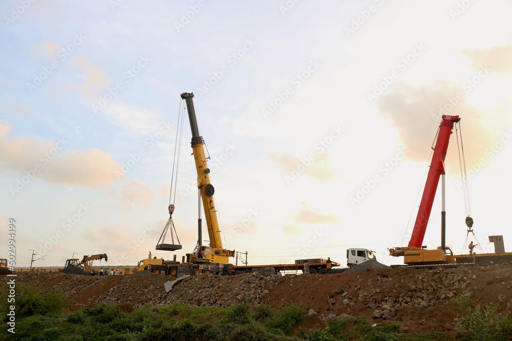 crane truck at construction site background of blue sky crane truck at construction site background of blue sky