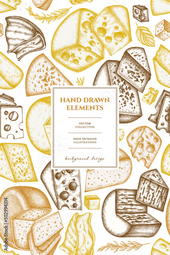 Cheese pattern card design. Hand drawn brie, gouda cheese, roquefort, etc.