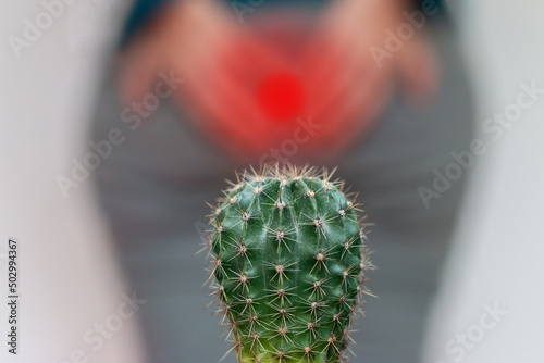 Een cactus tegenover de vrouw in de broek die de zijne bij de kont  vasthoudt, close-up. Medisch concept van aambeien, anale pijnen #502994367  - Tuinposter