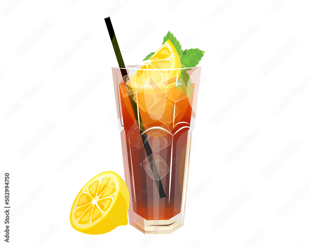 Vecteur Stock Cocktail Long Island iced tea on a white background.A summer  refreshing drink with a slice of lemon, ice cubes and mint.Vector  illustration. | Adobe Stock