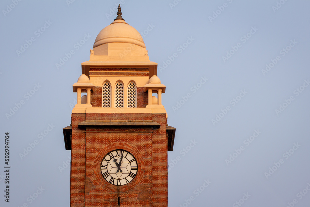 View of historic and popular clock tower near Marina Beach, Chennai, Tamil Nadu, India