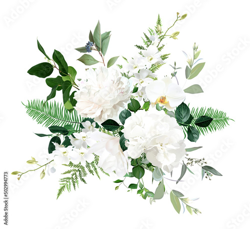 Classic white peony, hydrangea, magnolia and orchid flowers, eucalyptus, fern, salal