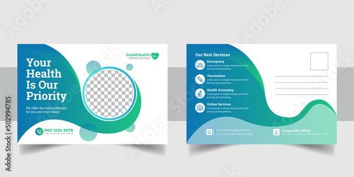 Medical health care postcard template design. Dental care, clinical postcard template.