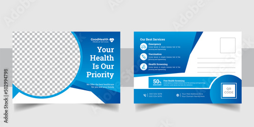 Medical health care postcard template design. Dental care, clinical postcard template.