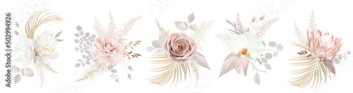 Canvas Ecru, blush pink rose, pale camellia, magnolia, white orchid, protea, pampas gra