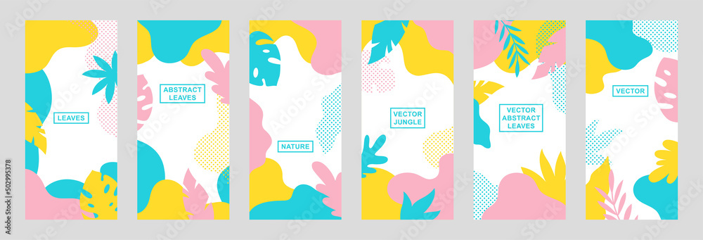 Set of vector abstract summer backgrounds with copy space for text. Vertical templates for social media stories, event invitations, greeting cards, advertising banners. Tropical designs in flat style.