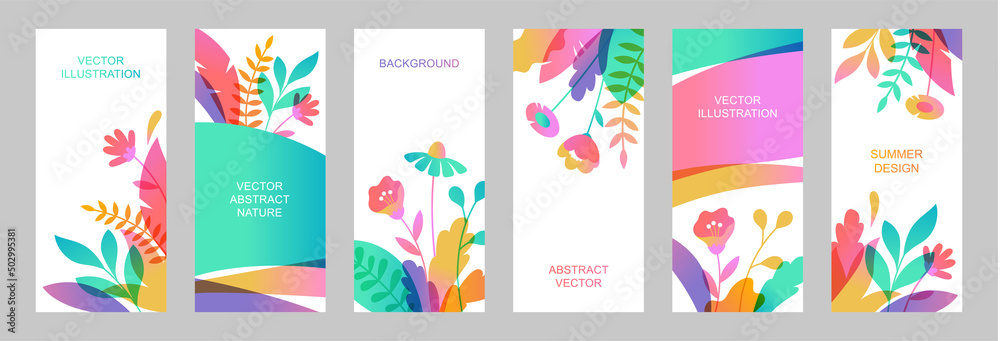 Set of vector abstract summer backgrounds with copy space for text. Vertical templates for social media stories, event invitations, greeting cards, advertising banners. Flower designs in flat style.
