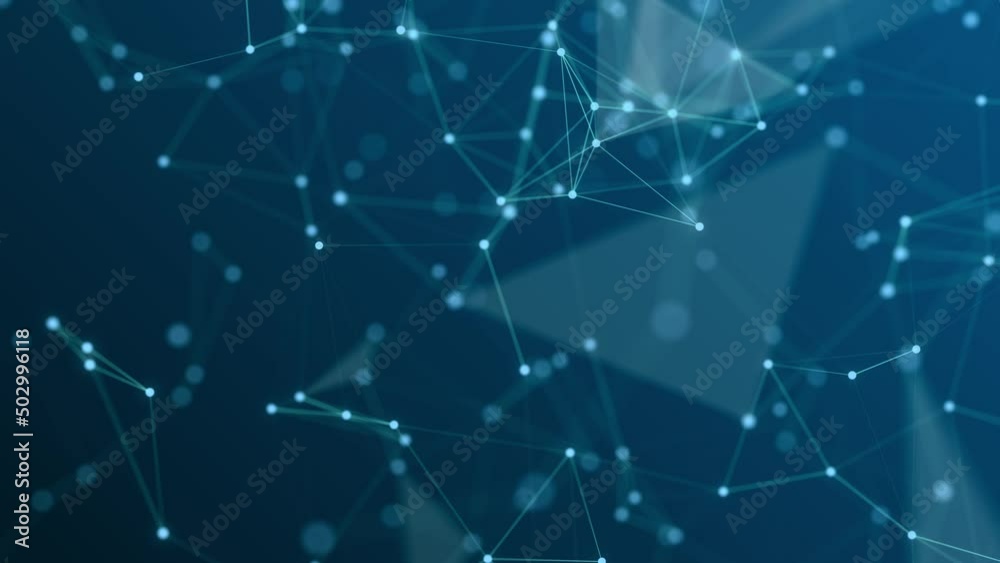 4K digital connection abstract animation dots and lines on blue background. 5G network connection structure technology background.