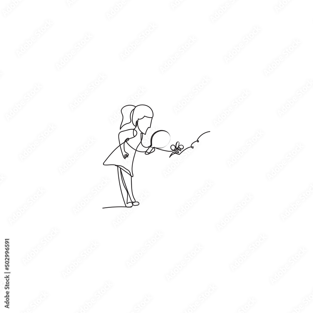 Continuous line drawing. Child carrying a magnifying glass to see bees. Illustration icon vector Continuous line drawing. Child carrying a magnifying glass to see bees. Illustration icon vector