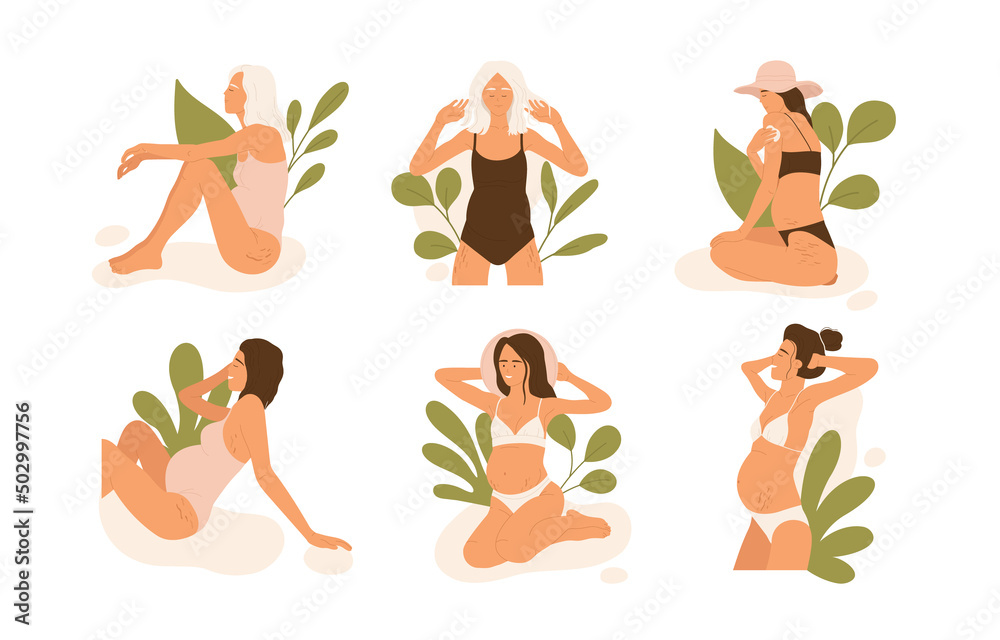 Set of pregnant women with stretch marks set. Skin treatment. Pregnancy, body positivity, self love aesthetic collection. Isolated vector illustration in cartoon style
