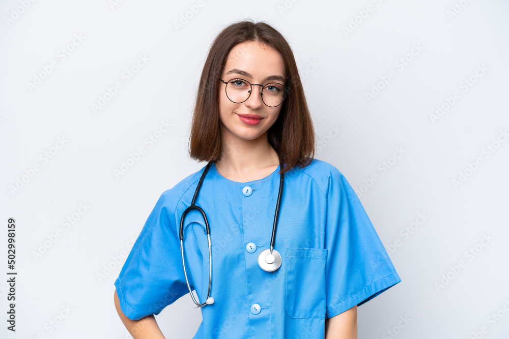 Young nurse Ukrainian woman isolated on white background laughing Young nurse Ukrainian woman isolated on white background laughing