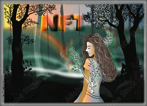 nft non fungible token digital art, unique crypto art concept with abstract vector illustration a painting of forest illumination and girl in the forest