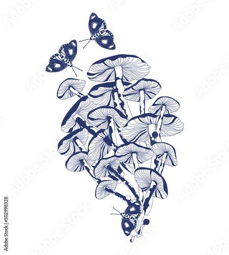 Print mushrooms and butterflies in vintage style, blue on white	