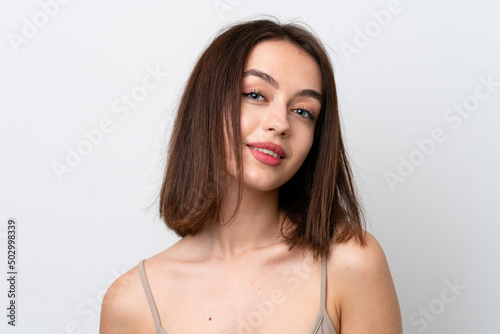 Young Ukrainian woman isolated on white background . Close up portrait