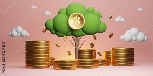 money leaf tree of stack gold dollar coin, passive income value, cashflow of business, banking funding financial, 3d illustration rendering photo