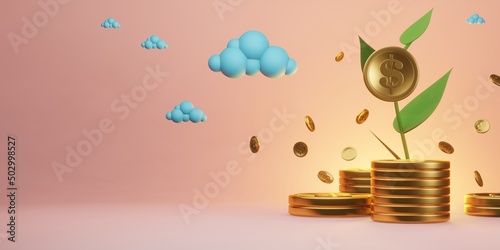 Bilde på lerret money leaf tree of stack gold dollar coin, passive income value, cashflow of bus