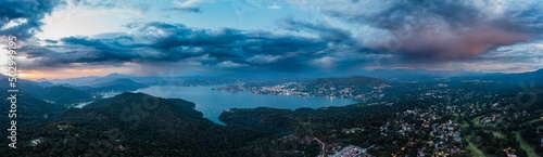 High altitude aerial photography with the drone of Valle de Bravo lake at sunset from Avandaro