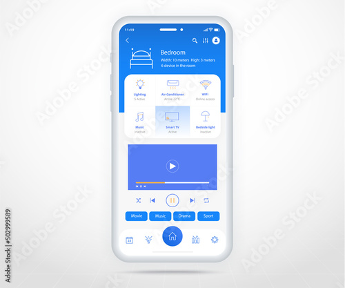 Smartphone smart home controlled app UX UI, IOT Internet of things technology, Digital future home automation tech, smart devices application phone, Wifi tv lighting heating air, vector illustration