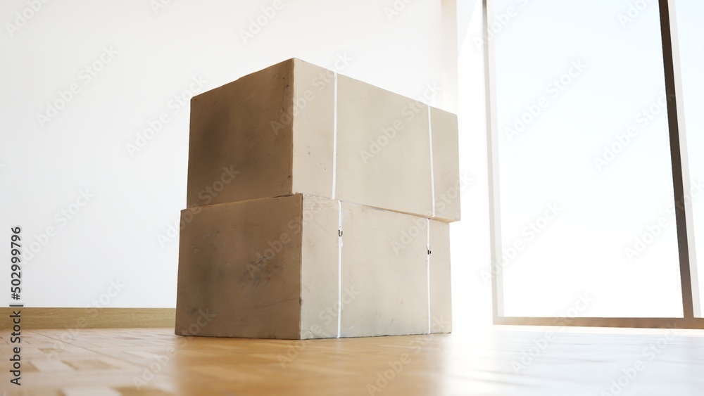 3D rendering of cardboard moving boxes on the floor in empty room
