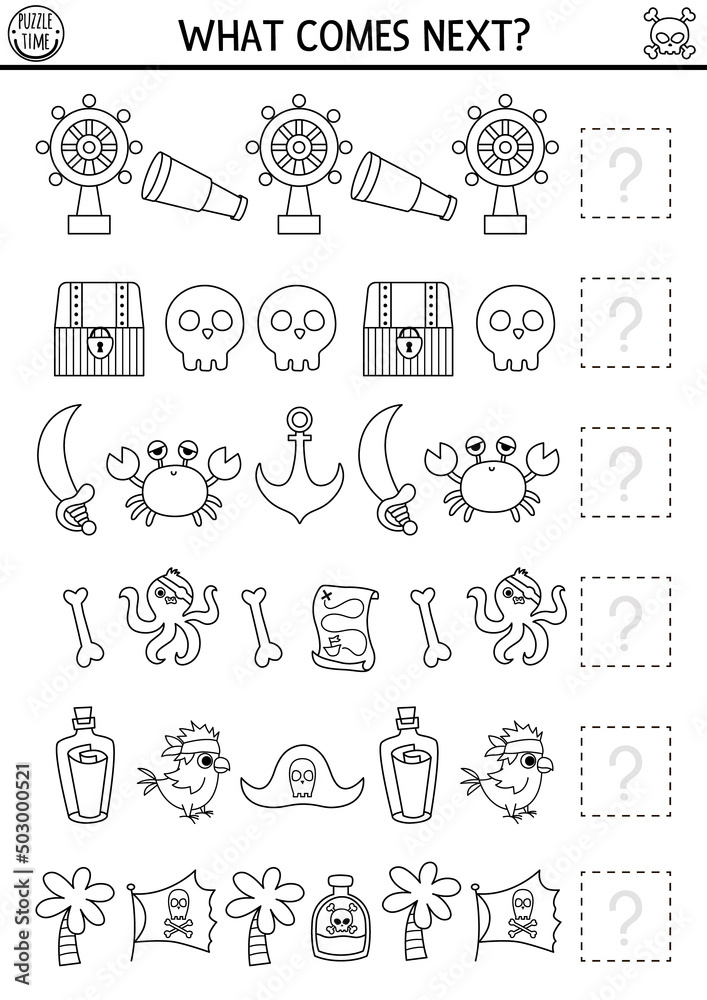 What comes next. Pirate black and white matching activity for preschool children with traditional treasure island symbols. Sea adventures logical worksheet. Continue the row coloring page.