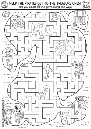 Pirate black and white maze for kids with tropical treasure island and cute kid pirates. Treasure hunt preschool printable activity. Sea adventures coloring labyrinth with chest, map, mermaid.