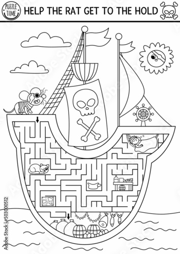Pirate black and white maze for kids with marine landscape and ship interior. Treasure hunt preschool printable activity. Sea adventures coloring labyrinth game or puzzle. Help rat get to hold.