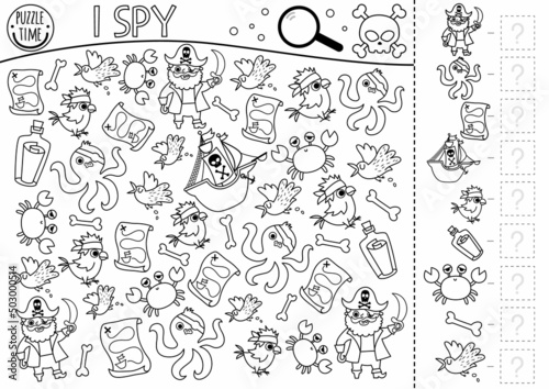 Pirate black and white I spy game for kids. Searching and counting activity with pirates, animals, birds. Treasure island hunt printable coloring page. Simple sea adventure spotting worksheet.
