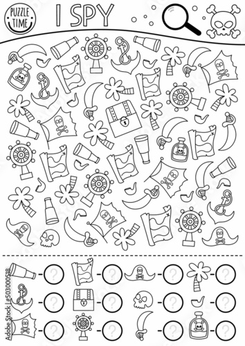 Pirate black and white I spy game for kids. Searching and counting activity with pirate accessories and symbols. Treasure island hunt coloring page. Simple sea adventure spotting worksheet.