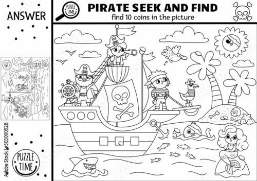 Vector black and white pirate searching game with sea landscape. Spot hidden coins in the picture. Treasure island seek and find activity for kids. Sea adventures treasure hunt coloring page.
