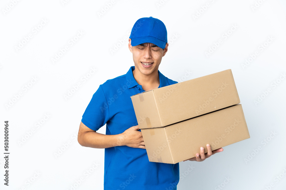 Delivery Chinese man isolated on white background smiling a lot Delivery Chinese man isolated on white background smiling a lot