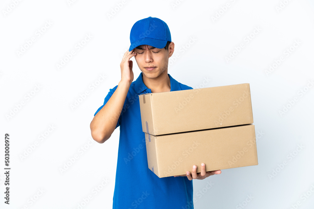 Delivery Chinese man isolated on white background with headache Delivery Chinese man isolated on white background with headache