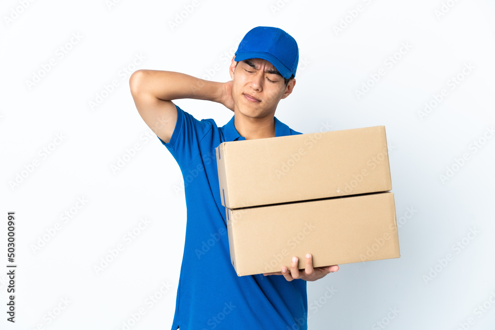 Delivery Chinese man isolated on white background with neckache Delivery Chinese man isolated on white background with neckache
