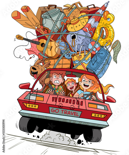 Travel by car on family vacation. Big baggage on the car from above. Colorful cartoon characters. Funny vector illustration. Isolated on white background