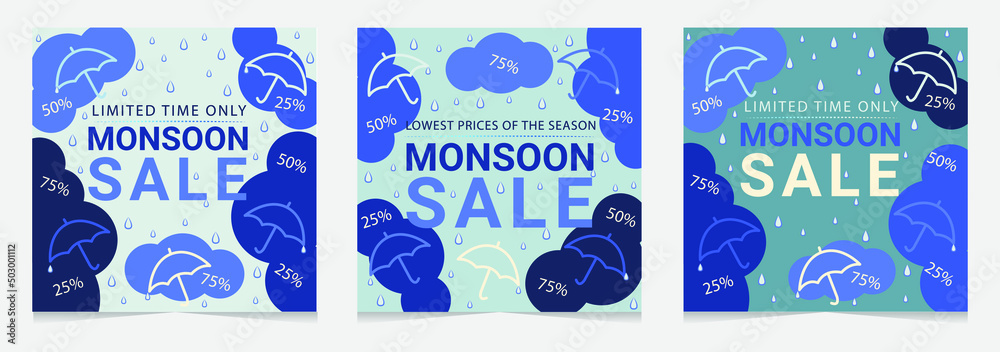 Monsoon sale offer banner template header with clouds, rainbow and umbrella on gradient background. Vector illustration. Place for text. Overcast sky with rain