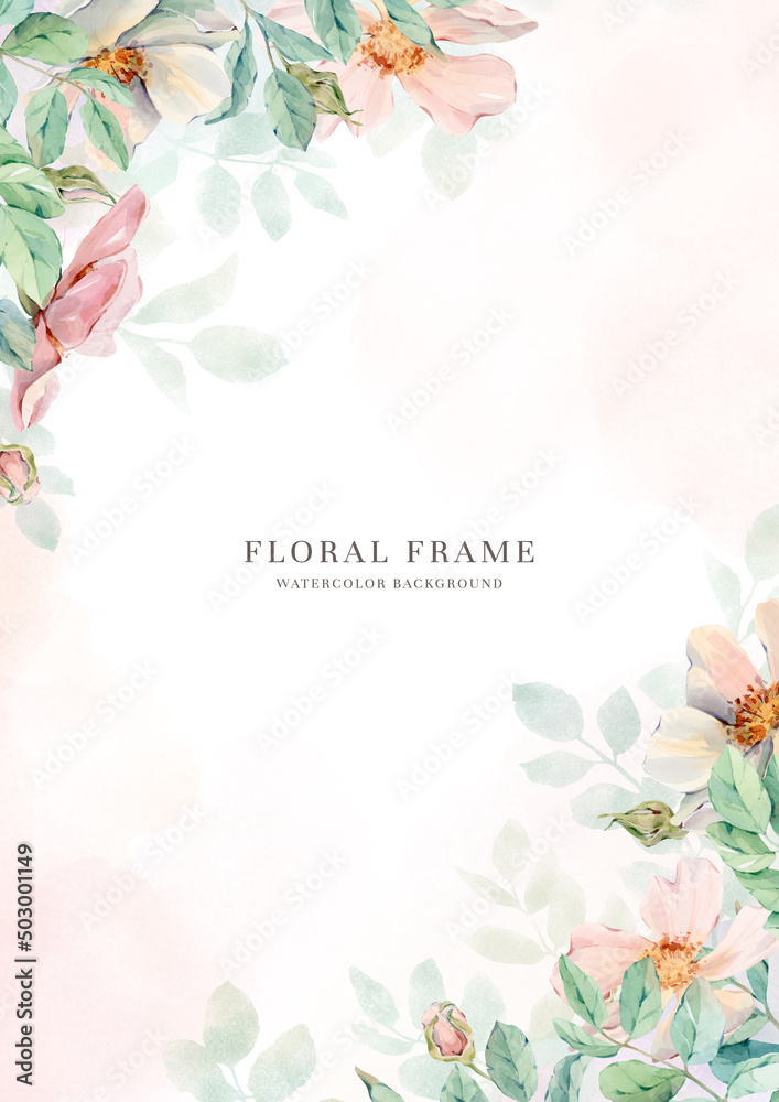 Rectangular delicate floral frame in pastel colors with pink flowers and light green leaves. Hand drawn watercolor illustration on white background. For cards, wedding invitations, package design
