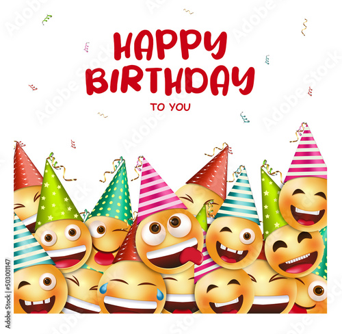 Happy birthday smiley,funny emojis greeting card with greeting text isolated on white background.