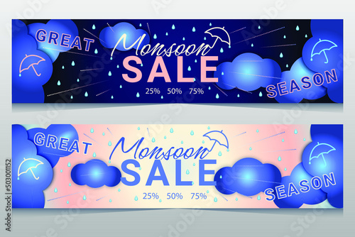 Monsoon sale offer banner template header with clouds, rainbow and umbrella on gradient background. Vector illustration. Place for text. Overcast sky with rain