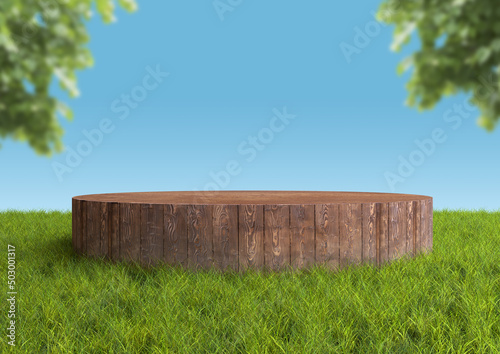 Round wood podium  pedestal or stand display on summer landscape with green grass and blue sky. Realistic 3d illustration. Abstract nature composition.