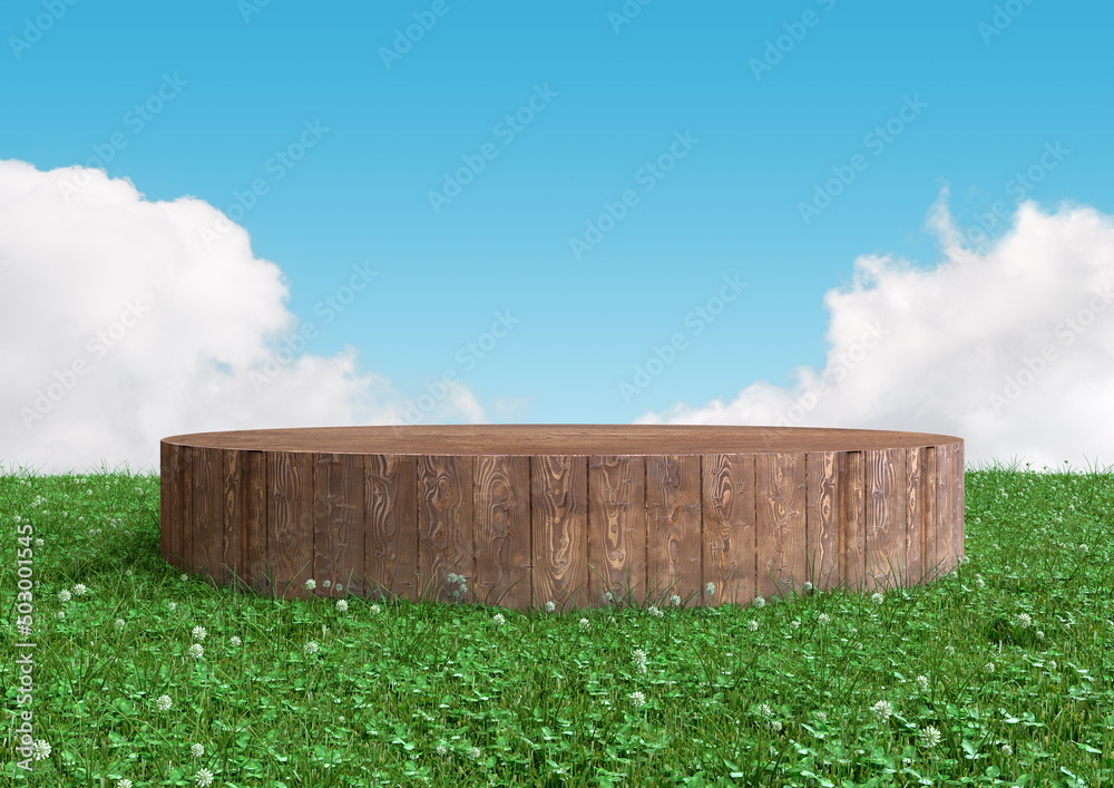 Fototapeta premium Round wood podium, pedestal or stand display on summer landscape with green grass and blue sky. Realistic 3d illustration. Abstract nature composition.