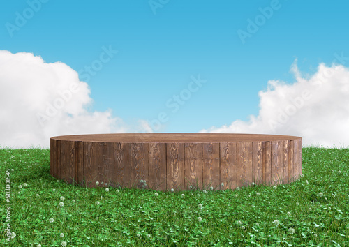Round wood podium, pedestal or stand display on summer landscape with green grass and blue sky. Realistic 3d illustration. Abstract nature composition.