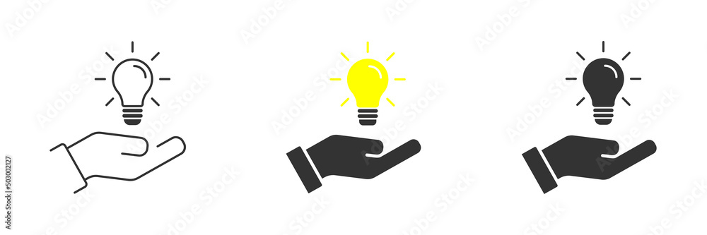 Bulb on a hand icon. Idea concept. Hand with Lamp light. Vector illustration. Bulb on a hand icon. Idea concept. Hand with Lamp light. Vector illustration.