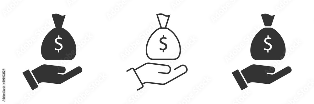 Money bag in a hand icon. Palm holds money bag symbol. Vector illustration. Money bag in a hand icon. Palm holds money bag symbol. Vector illustration.