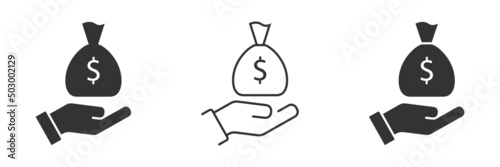 Money bag in a hand icon. Palm holds money bag symbol. Vector illustration.