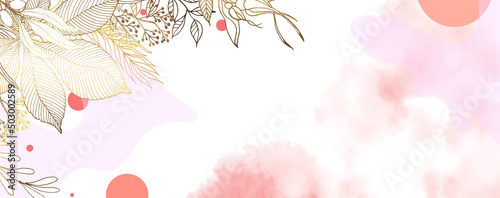 Luxurious golden wallpaper. Banner with rose flowers and chestnut leaves. Watercolor pink, gold stains on a white background. Brilliant flowers and branches. vector file.