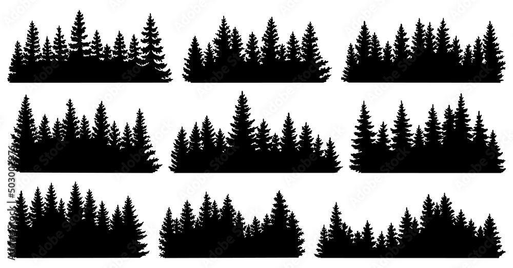 Plakat Fir trees silhouettes. Coniferous spruce horizontal background patterns, black evergreen woods vector illustration. Beautiful hand drawn panorama with treetops forest