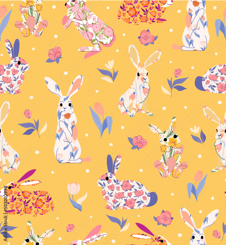 Colorful flower rabbits seamless vector pattern on yellow background. Perfect for branding, package, fabric and textile, wrapping paper