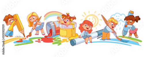 Group of little children draw big art together with large school supplies. Colorful cartoon characters. Funny vector illustration. Isolated on white background. Seamless panorama