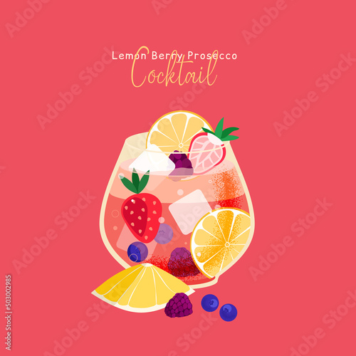 Lemon berry prosecco cocktail on pink background. Vector illustration of spring alcohol cocktail drink with ice cubes. Summer cocktail aperitif with lemon, strawberry and blackberry