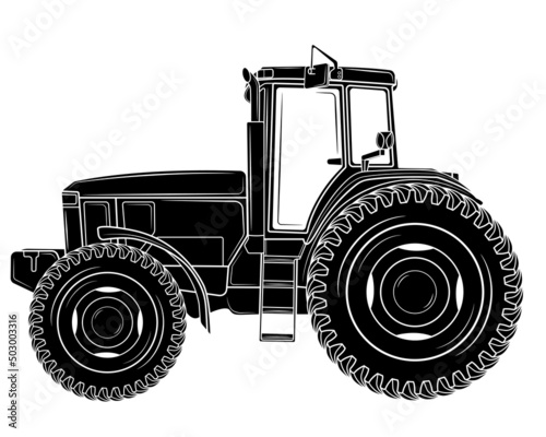 Black silhouette Realistic tractor in profile on a white background. Agricultural tractor - transport for the farm.Vector illustration.